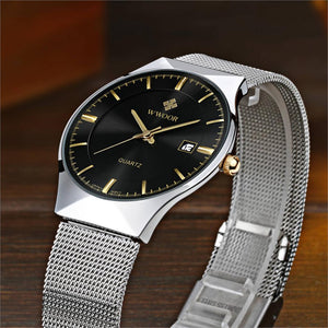 WWOOR Fashion Mens Watches Auto Date Luxury Quartz Watch Men Casual Slim Mesh Steel Waterproof Sport Watch Relogio Masculino