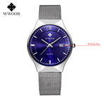 WWOOR Fashion Mens Watches Auto Date Luxury Quartz Watch Men Casual Slim Mesh Steel Waterproof Sport Watch Relogio Masculino