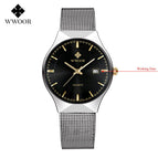 WWOOR Fashion Mens Watches Auto Date Luxury Quartz Watch Men Casual Slim Mesh Steel Waterproof Sport Watch Relogio Masculino