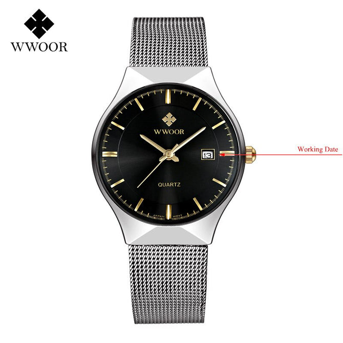 WWOOR Fashion Mens Watches Auto Date Luxury Quartz Watch Men Casual Slim Mesh Steel Waterproof Sport Watch Relogio Masculino