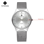 WWOOR Fashion Mens Watches Auto Date Luxury Quartz Watch Men Casual Slim Mesh Steel Waterproof Sport Watch Relogio Masculino
