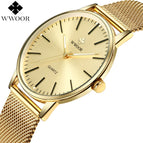 WWOOR Men Simple Slim Quartz Watch Gold Steel Mesh Ultra Thin Men Watches Luxury Brand Waterproof Male Wrist Watch Golden Clock