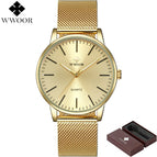 WWOOR Men Simple Slim Quartz Watch Gold Steel Mesh Ultra Thin Men Watches Luxury Brand Waterproof Male Wrist Watch Golden Clock