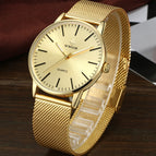 WWOOR Men Simple Slim Quartz Watch Gold Steel Mesh Ultra Thin Men Watches Luxury Brand Waterproof Male Wrist Watch Golden Clock