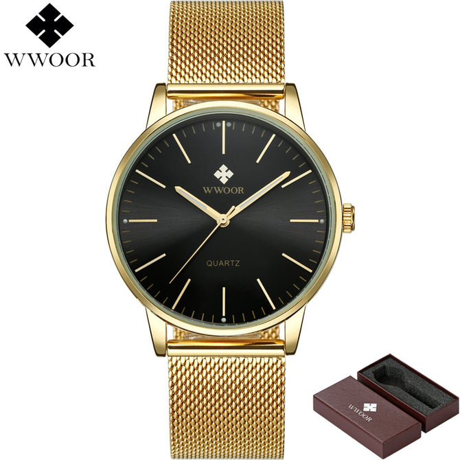 WWOOR Men Simple Slim Quartz Watch Gold Steel Mesh Ultra Thin Men Watches Luxury Brand Waterproof Male Wrist Watch Golden Clock