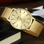WWOOR Men Simple Slim Quartz Watch Gold Steel Mesh Ultra Thin Men Watches Luxury Brand Waterproof Male Wrist Watch Golden Clock