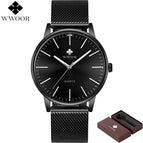 WWOOR Men Simple Slim Quartz Watch Gold Steel Mesh Ultra Thin Men Watches Luxury Brand Waterproof Male Wrist Watch Golden Clock