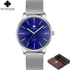 WWOOR Men Simple Slim Quartz Watch Gold Steel Mesh Ultra Thin Men Watches Luxury Brand Waterproof Male Wrist Watch Golden Clock