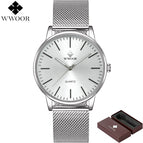 WWOOR Men Simple Slim Quartz Watch Gold Steel Mesh Ultra Thin Men Watches Luxury Brand Waterproof Male Wrist Watch Golden Clock
