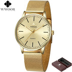 WWOOR Men Simple Slim Quartz Watch Gold Steel Mesh Ultra Thin Men Watches Luxury Brand Waterproof Male Wrist Watch Golden Clock