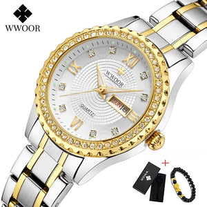 WWOOR New Gold Women Bracelet Watches Waterproof Ladies Watch Stainless Steel Casual Dress Woman Quartz Watch Women Reloj Mujer
