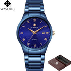 WWOOR Top Brand Luxury Men Stainless Steel Waterproof Sports Watches Men's Quartz Analog Date Clock Male Black Strap Wrist Watch