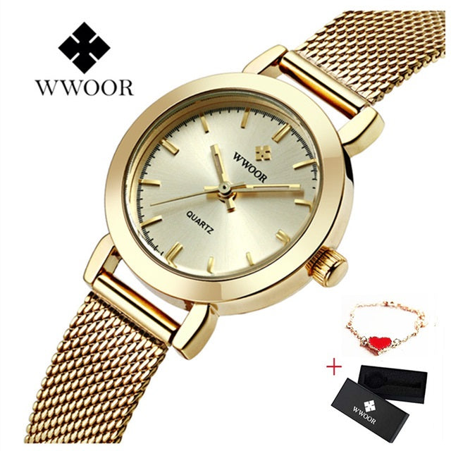 WWOOR Women Dress Watches Luxury Brand Ladies Quartz Watch Stainless Steel Mesh Band Casual Gold Bracelet Wristwatch reloj mujer