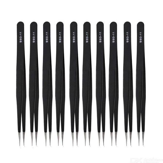 thumbnail image 2 of 10Pcs ESD Anti-static Precision Tweezers Set – Stainless Steel, Non-magnetic Tips, Repair Kit 2 of 3