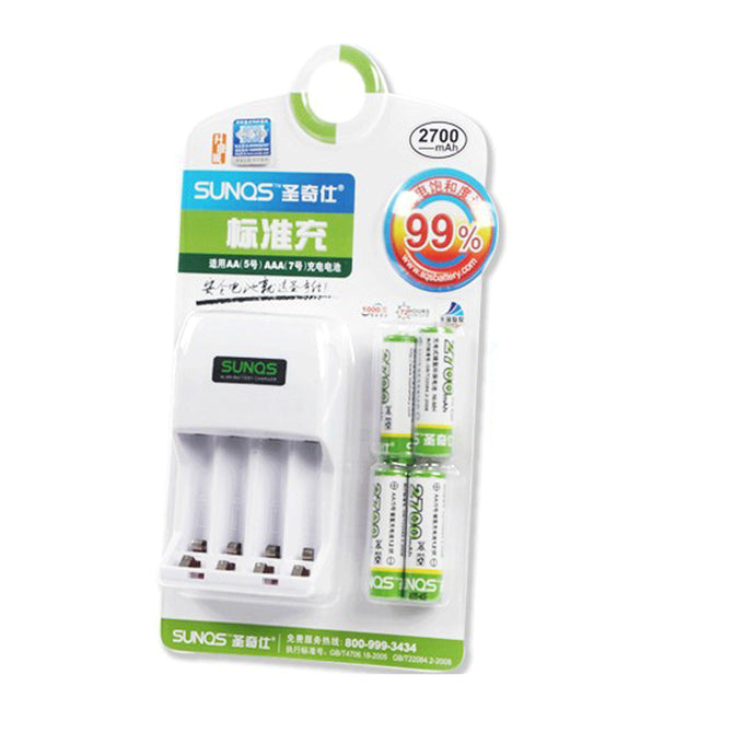 SUNQS AA/AAA 4-CH Battery Quick Charger w/ 4 x 2700mAh Rechargeable AA - White (2-Flat-Pin Plug)