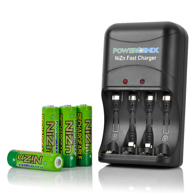 POWERGENIX Rechargeable 4 2500mWh AA NiZn Batteries + Fast Charger Set