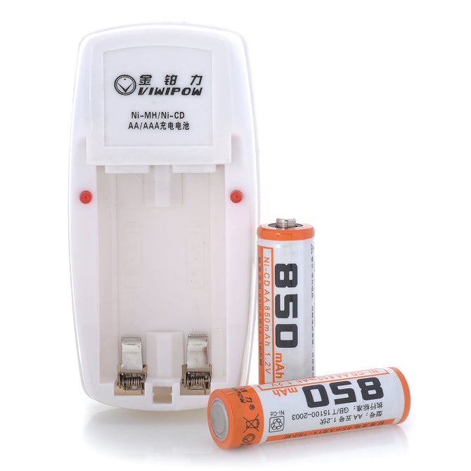 Viwipow CD850 2-Slot AA / AAA Charger w/ 2 AA 850mAh Batteries - White (AC 220~240V / US Plug)