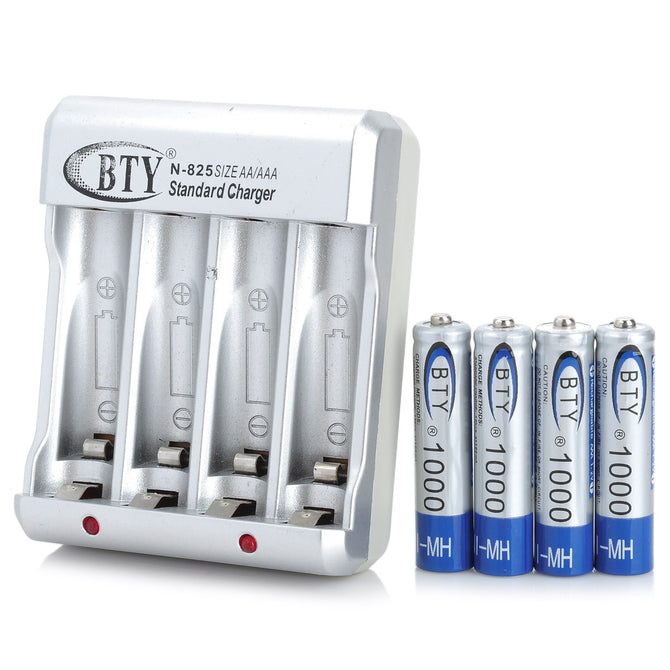 BTY-825B Battery Charger + 4 x AAA Batteries Set - Silver