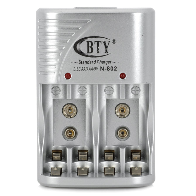 BTY N-802 EU Plug + Charger + 4 AAA for AA / 9V / Ni-MH / Ni-Cd Battery - Silver Grey (AC 100~240V)