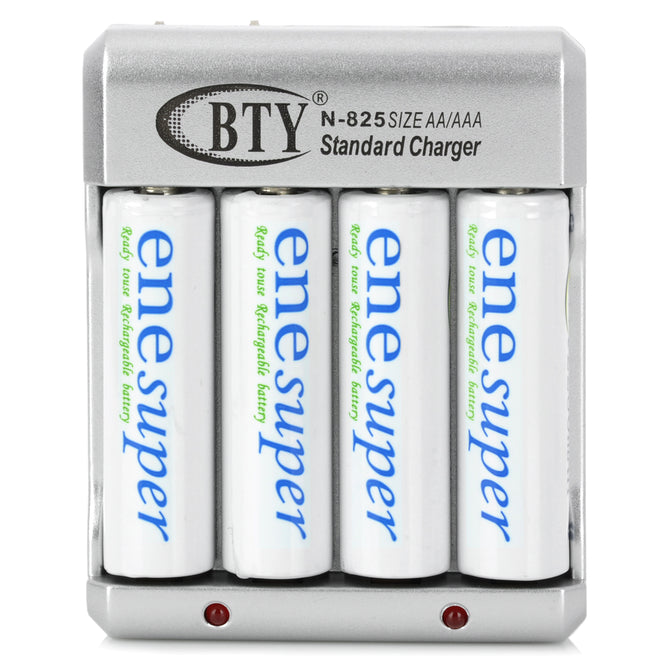 BTY N-825 AC 4-Slot Battery Charger for AA / AAA w/ 4-Batteries - Silver Grey (2-Flat-Pin Plug)