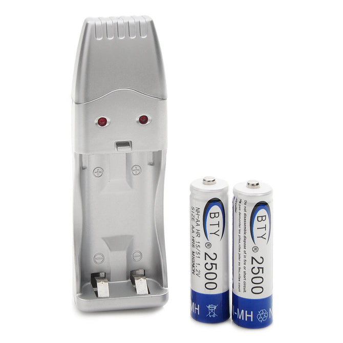 BTY USB AA / AAA Battery Charger + 2 x AA "2500mAh" Batteries - Silvery White
