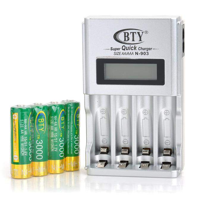 BTY N-903 1.5" LCD AA / AAA Battery Charger + 4 x AA Rechargeable 3000mAh Batteries - Silver + Grey