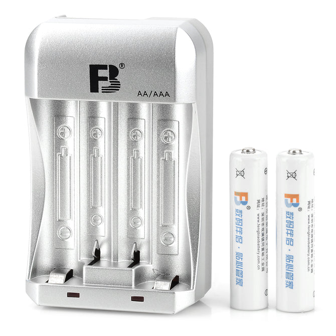FB FB-13 4 x AA/AAA Battery Charger w/ Ni-MH Batteries - Silver + Black (US Plug / 100~240V)