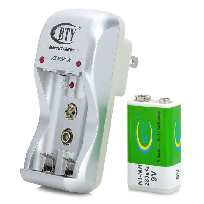 BTY BTY-812B 2-Flat Pin-Plug Battery Power Charger Set for AA / AAA / 9V - Silvery Grey + Black