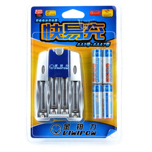 VIWIPOW US Plugs Battery Charger + 4 2500mAh Rechargeable AA Battery Set - Silver + Blue