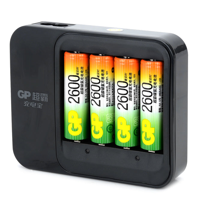 GP GPPB03GW 4-Slots AA / AAA Battery Charger w/ 2600mAh AA Ni-MH Batteries - Black (100~240V)