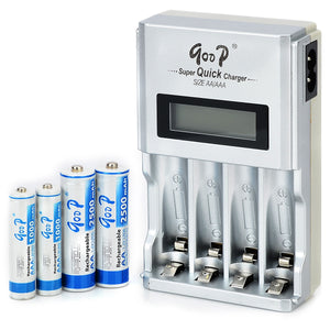 GOOD 903 Universal 1.5" LCD Battery Charger + 2 x AA / AAA Batteries Set - Silver (EU Plug)