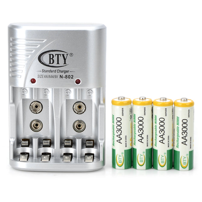 BTY 802 US Plug 4-Slot AA / AAA / 6F22 Battery Charger w/ 4-AA Batteries - White + Green + Silver