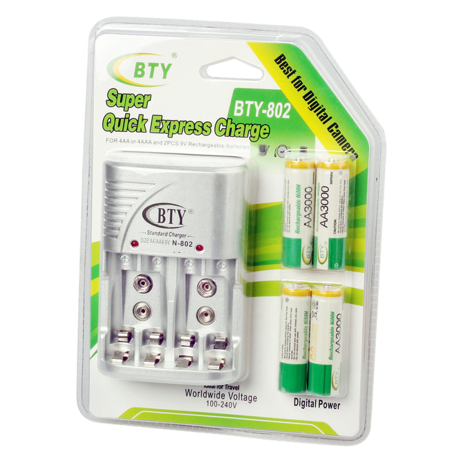 BTY 802 Super Quick Express EU Plug 4-Slot 9V / AA / AAA Battery Charger w/ 4-AAA 1000mAh Batteries