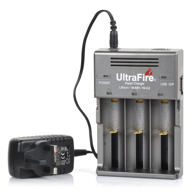UltraFire WF-128S UK Plug 4.2V 1000mA 3-Slot Li-ion Battery Charger for 26650 - Grey + Black