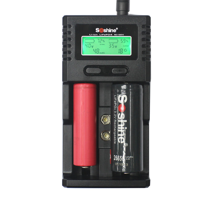 Soshine H2 1.5" LCD 2-Slot Battery Charger for Li-ion/ LiFePO4/ Ni-MH 18650 / AA / AAA - Black