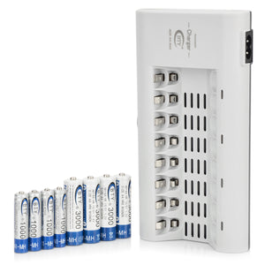 BTY 808A 8-Slot AA / AAA Battery Charger + 1000mAh AA + 500mAh AAA Batteries Set - Silver + Grey