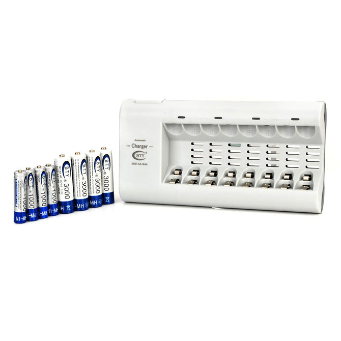 BTY 808A US Plugss 8-Slot Battery Charger + 4-1000mAh AA + 4-500mAh AAA Batteries Set - Silver