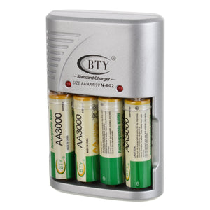 BTY 802 EU Plug 4-Slot Ni-MH NiCd AA / AAA / 6F22 Charger + 4-1000mAh AA Batteries - White + Green