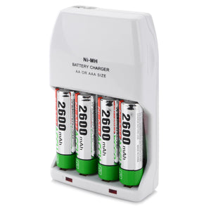AA/AAA Battery Charger + 4 x AA (2600mAh) + US Plugs Power Cord + EU Plug Adapter Set - White