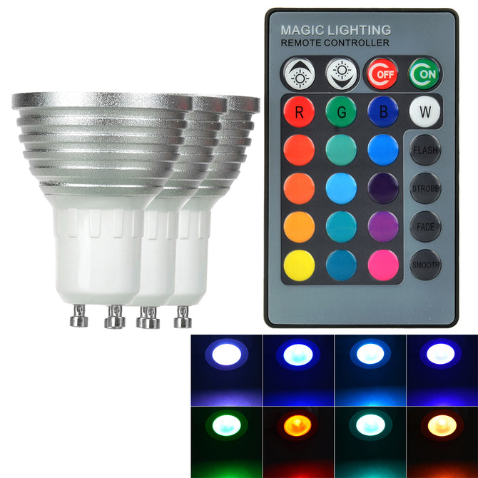 GU10 3W LED Spotlight RGB Light 40lm w/ Remote - White + Silver (3PCS)