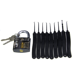 Slotted Practice Padlock + Advanced Lock Picks Set - Black + Silver