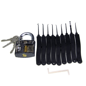 Practice Padlock + 9-Piece Lock Picks Set w/ 3 Keys - Black + Silver