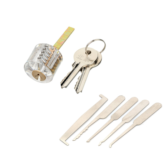 Transparent Practice Lock w/ 2 Keys + 5-Piece Lock Picks Tools Set