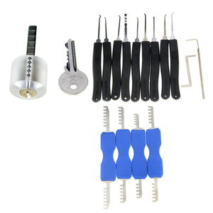 Transparent Practice Lock + Lock Picks + Comb Style Picking Tools Set