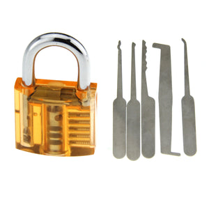 Mini Transparent See-Through Practice Padlock + Lock Picks Tool Set