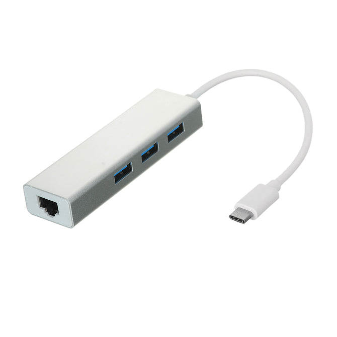 USB 3.1 Type C to RJ45 1000M Network Adapter + USB 3.0 Hub - Silver