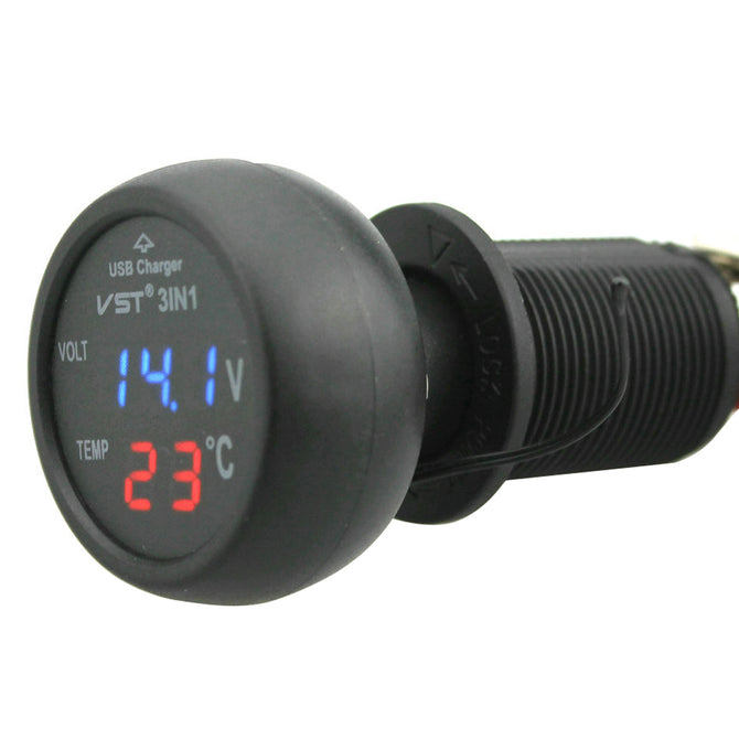 Car 12V 24V Blue LED Voltmeter & Red LED Thermometer & USB Charger