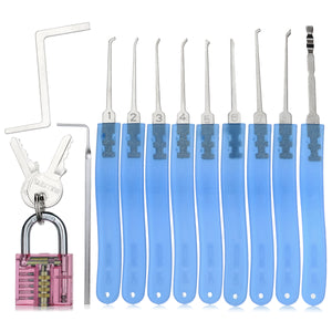 Mini Lock + 9-Lockpick Training Tool Set - Pink + Blue