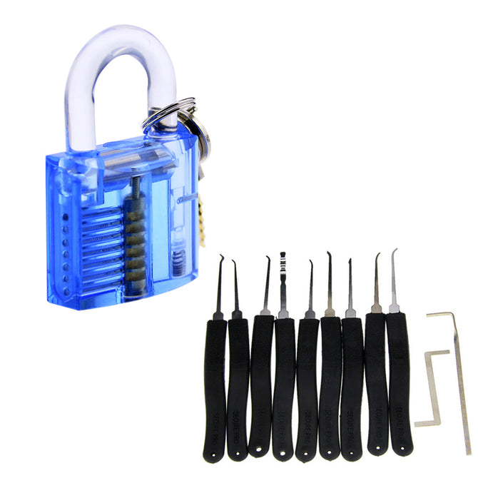 Practice Lock + Lock Picks Set - Transparent Blue + Black