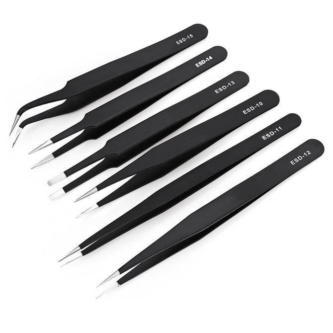 6-in-1 Stainless Steel Anti-Static Tweezers Kit - Black